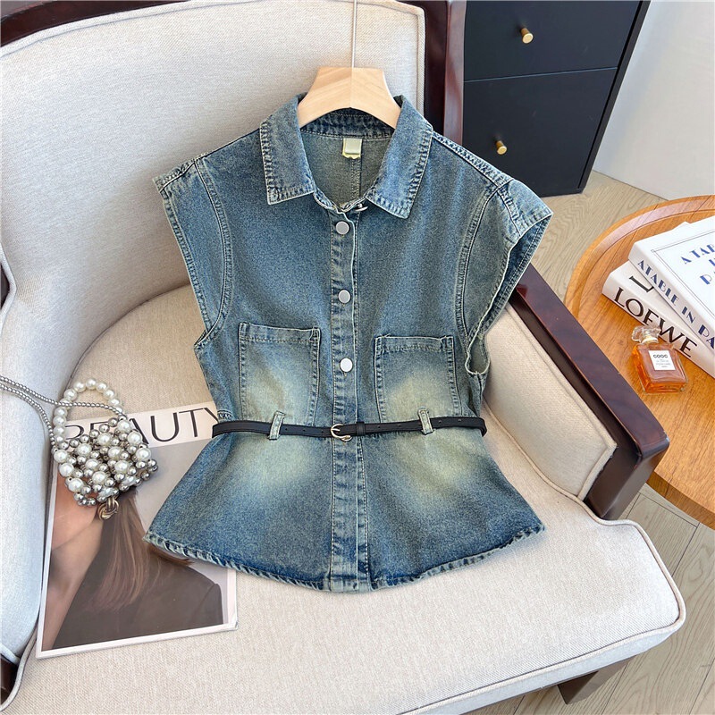 Xuanqi Summer New Retro Blue Denim Vest for Women 2026 New Style with Small Flying Sleeves, Slim-Fit Sleeveless Top with Belt Xuanqi Summer New Retro Blue Denim Vest for Women 2026 New Style with Small Flying Sleeves, Slim-Fit Sleeveless Top with Belt
