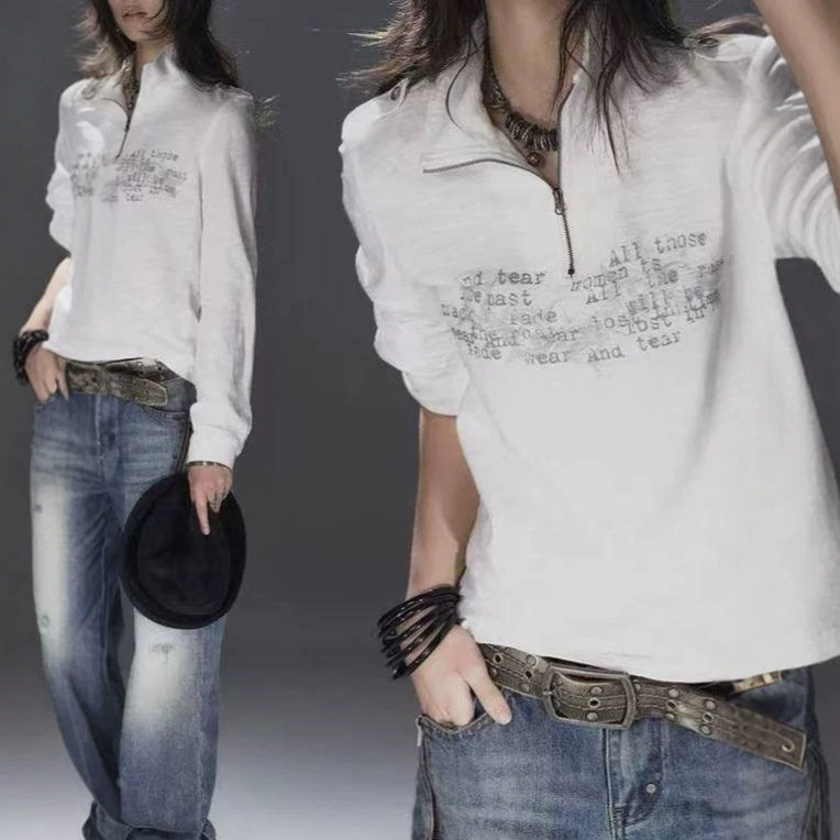 American retro style stand-up collar, metal zipper, half-button placket, printed bamboo pattern, lightweight, punk, loose-fitting, white long-sleeve T-shirt American retro style stand-up collar, metal zipper, half-button placket, printed bamboo pattern, lightweight, punk, loose-fitting, white long-sleeve T-shirt