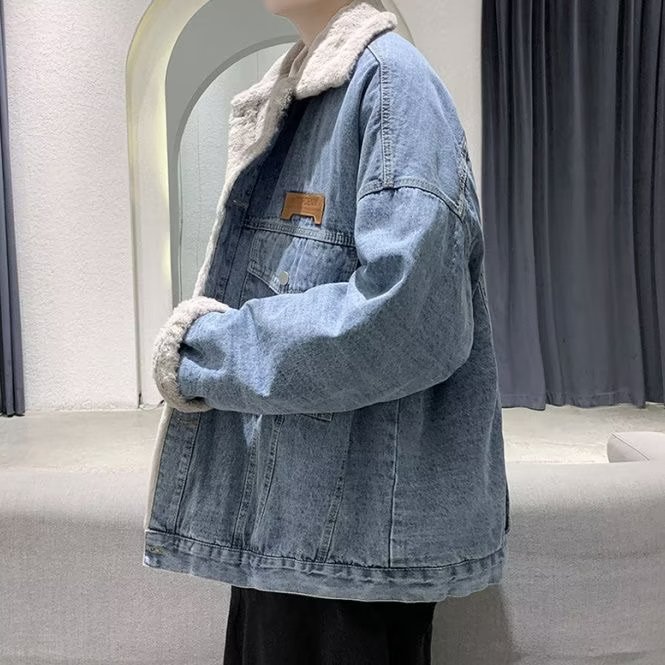 Nueva marca de moda abrigo de lana de cordero hombres de otoño e invierno pareja casual forrado de lana engrosada chaqueta de mezclilla de moda superior