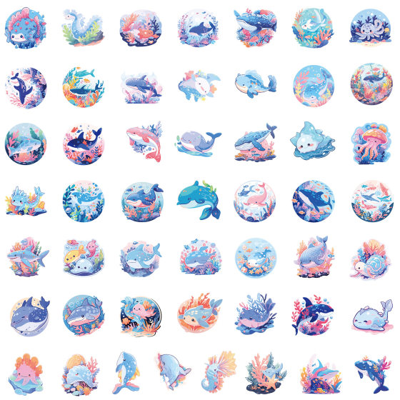 50 cartoon Ocean series graffiti stickers water cup mobile phone computer decorative stickers waterproof creative children stickers