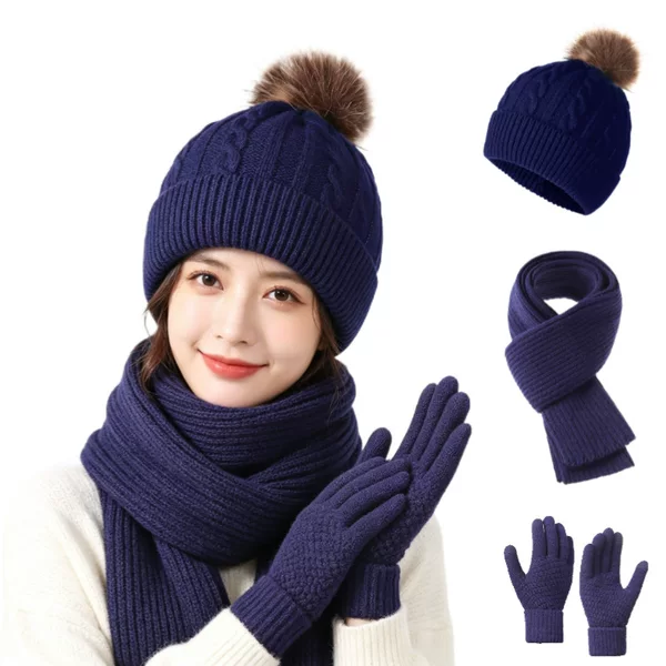 Cross-Border Solid Color Knitted Hat, Scarf, and Gloves Three-Piece Set for Women, Winter Outdoor Cycling Warm Knitted Hat