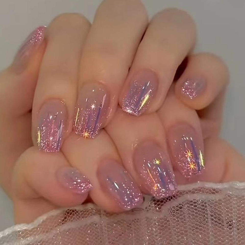 Ballet corto brillante polvo púrpura desgaste de uñas aurora comercio exterior gradiente de uñas 24 piezas de uñas falsas europeas y americanas al por mayor image 1