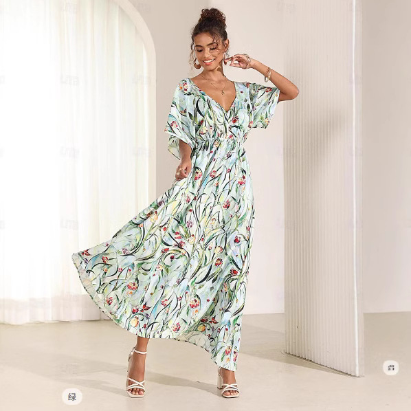 2024 neues mittellanges Kleid mit Blumendruck und V-Ausschnitt, kurzen Ärmeln für Damen_voghion.com