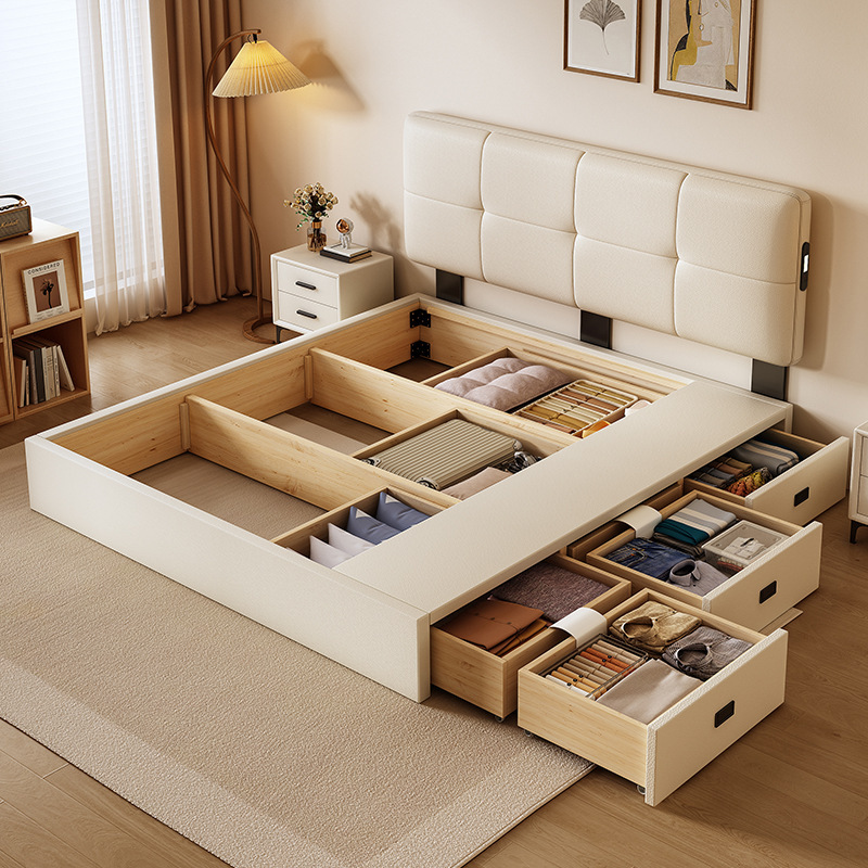 Cream-Style Large Drawer Storage Leather Bed, Adjustable Thin Headboard, Edge-To-Edge Bed, Storage Floor-Standing Master Bedroom Double Bed, Wedding Bed Cream-Style Large Drawer Storage Leather Bed, Adjustable Thin Headboard, Edge-To-Edge Bed, Storage Floor-Standing Master Bedroom Double Bed, Wedding Bed