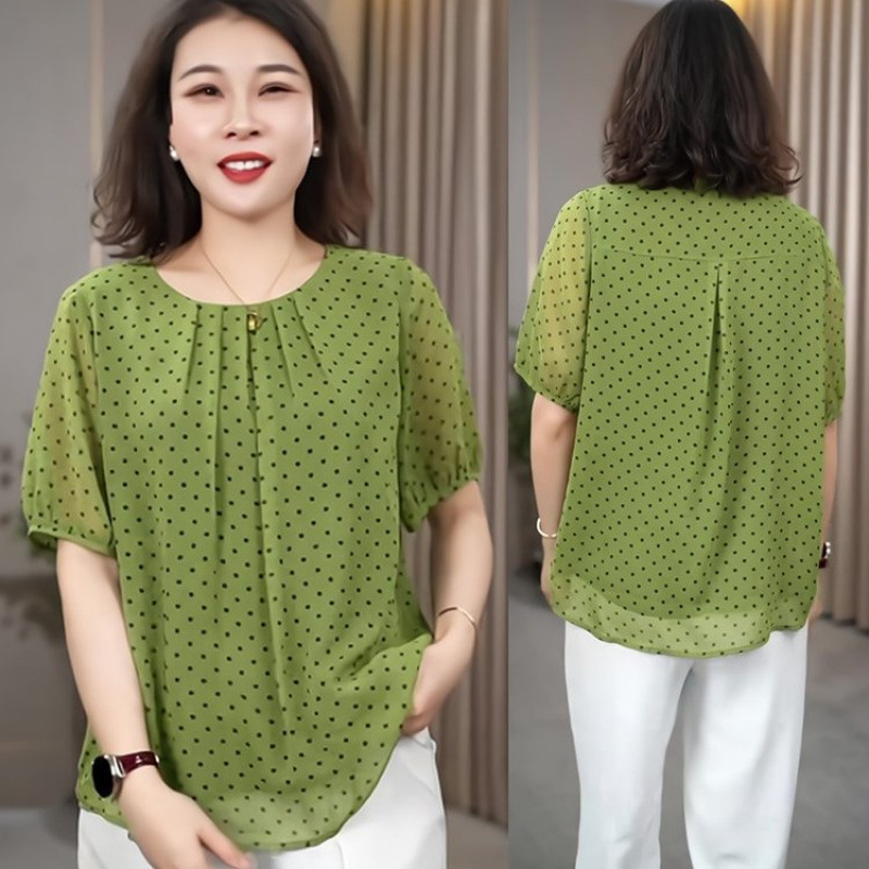 Dropshipping 2026 Summer New Style Round Neck Polka Dot Print Loose Fit Tummy-Concealing Slimming Youthful Mom Blouse for Women
