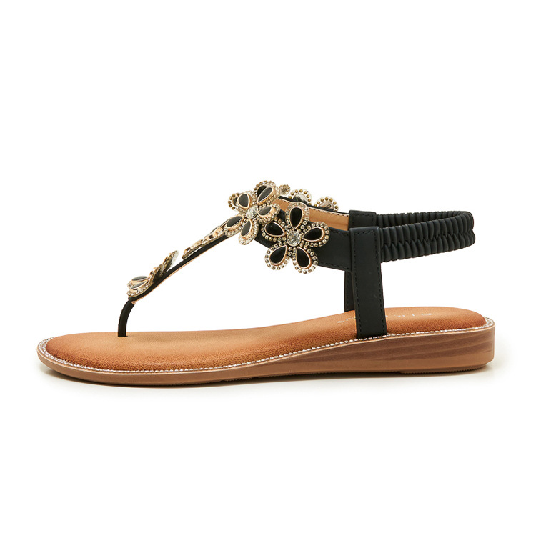 Dép sandal nữ xỏ ngón đế bệt đính hoa kim cương mềm chống trượt — màu đen, màu mơ chi tiết 21