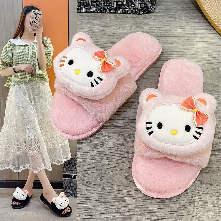 2023 осенне-зимние модные повседневные плоские универсальные милые хлопковые тапочки HelloKitty каваи с сердцем для девочек для женщин