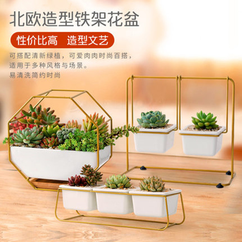 簡約北歐花瓶鐵架花架陶瓷水培花盆綠植鍍金花盆 ins鐵藝多肉花盆