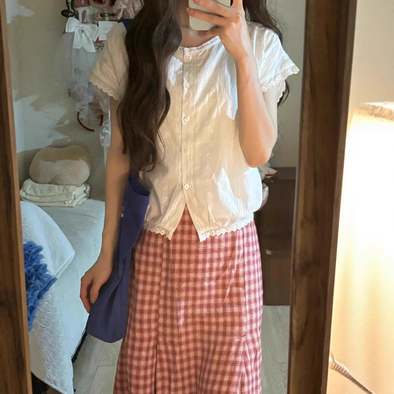 White Gentle Jacquard Loose Short-Sleeved Shirt for Women New Round Neck Sweet Age-Reducing Korean Style College Style Slimming Top