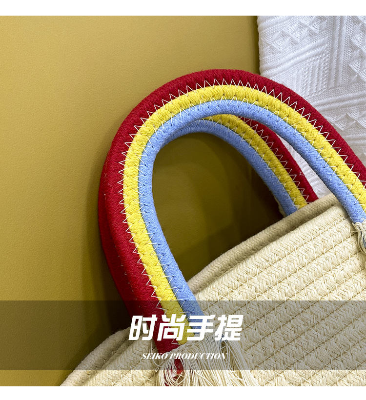 Cute rainbow hand-held small bag for women, new fashionable, casual and trendy women's bag, straw woven bag, beach vacation bag details Picture