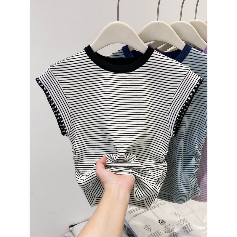 韓国風コントラストカラーアイスシルク薄手Tシャツレディースおしゃれ年齢軽減ストライプ半袖2025夏ファッション小飛袖トップス|undefined