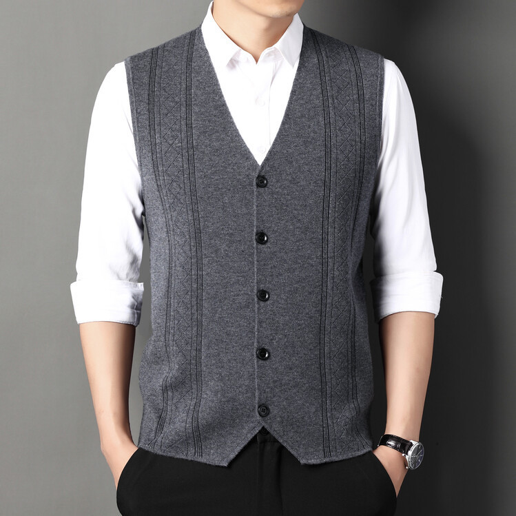 Men's Knitted Cardigan Vest Autumn and Winter New Pure Color Versatile Jacquard Dad Wear with Wool Inner Wear for Middle-Aged and Elderly People Men's Knitted Cardigan Vest Autumn and Winter New Pure Color Versatile Jacquard Dad Wear with Wool Inner Wear for Middle-Aged and Elderly People