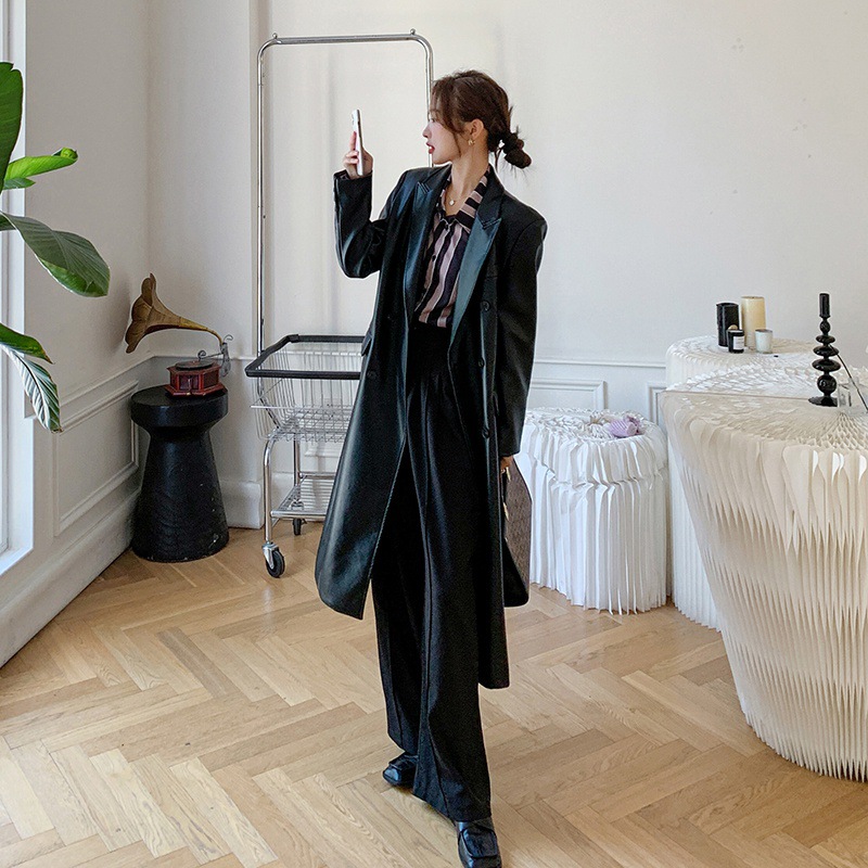 Real Shot of Black Suit Long Jacket for Women in Spring, with A Sense of Luxury and Slimming Waist. Goddess PU Leather Clothing Trend_voghion.com