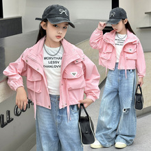 女童飘带冲锋衣2024新款韩版中大童外套短款连帽上衣拉链衫潮跨境