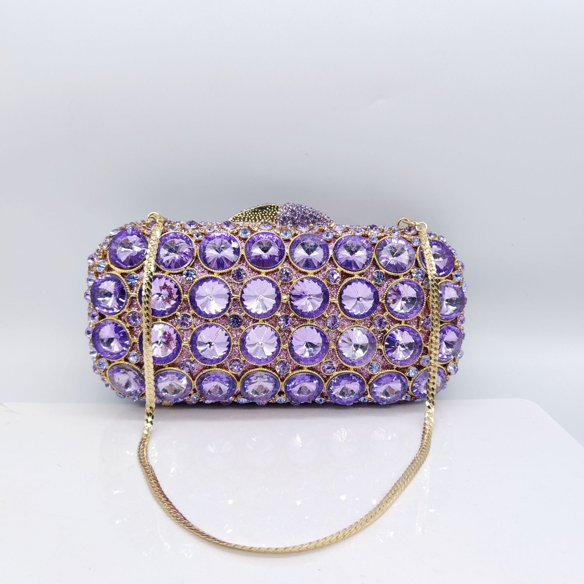 Túi clutch dạ hội nạm kim cương cao cấp cầm tay — Hoa tím, Màu tím đậm, Xanh ngọc lục bảo, Màu bạc chi tiết 2