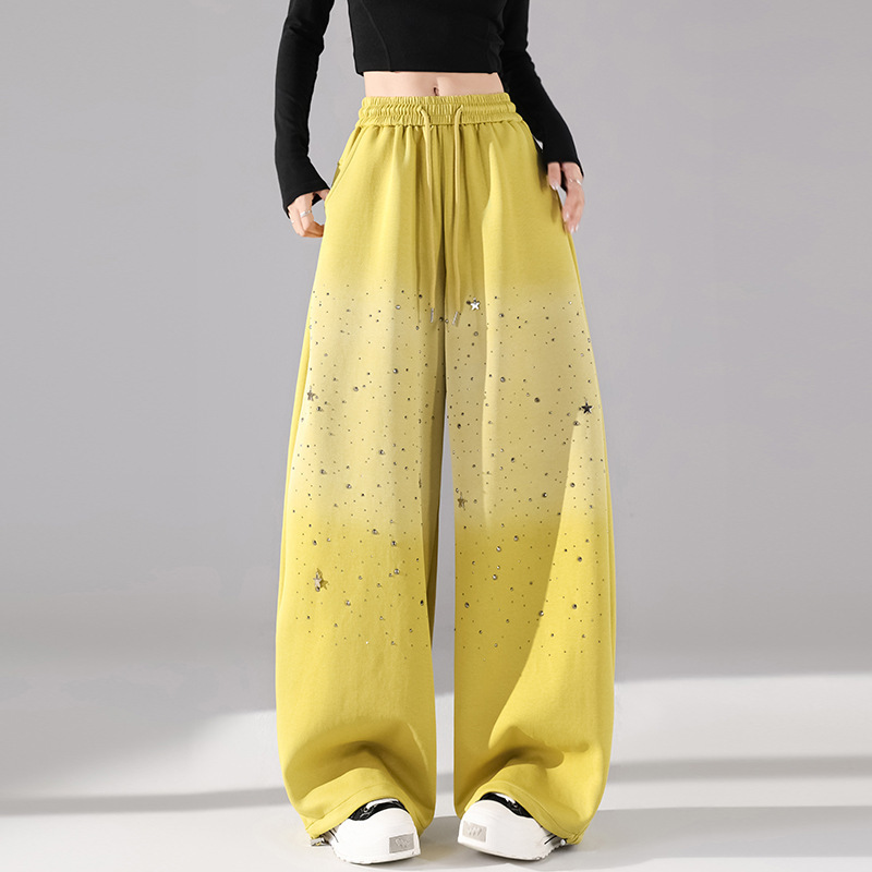 2025 Autumn and Winter New Heavy-Duty Hot-Drilled Handmade Beaded Fashion Two-Way Scimitar Pants Casual Wide-Leg Sweatpants