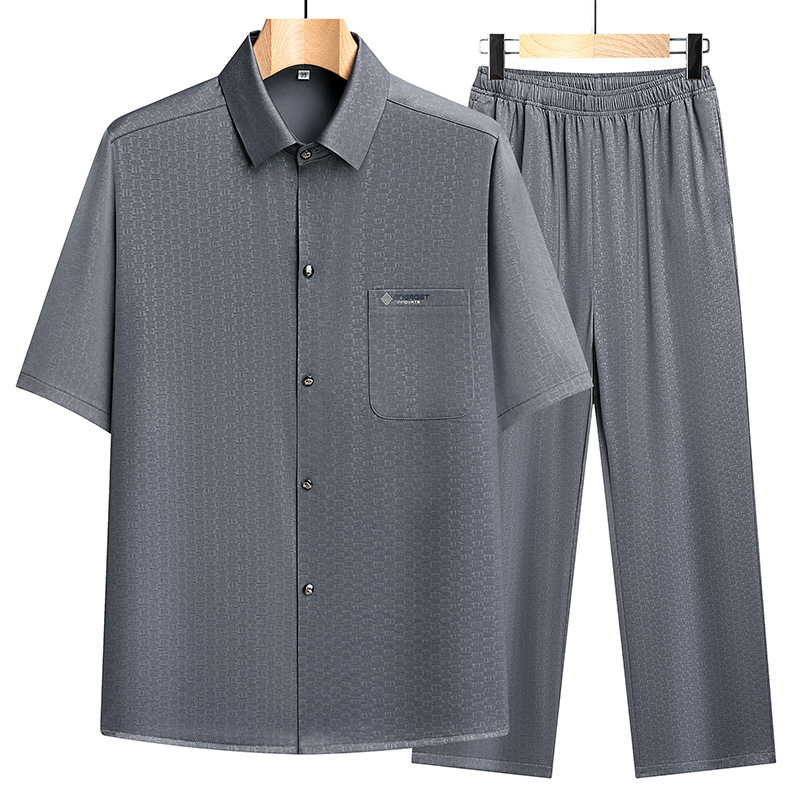 Summer men's ice silk short-sleeved shirt set for middle-aged and elderly men, casual loose-fitting two-piece shirt set for grandfathers