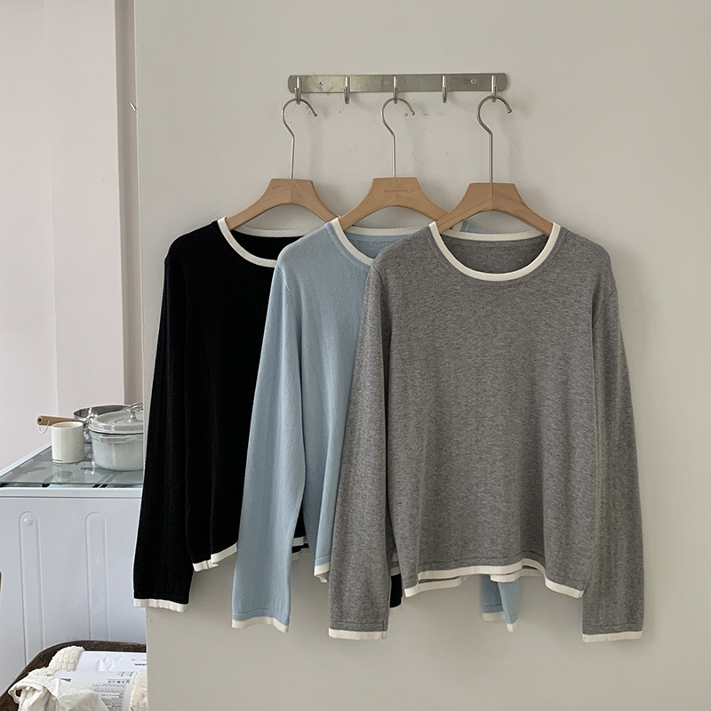 100% Pure Cotton Round Neck Contrasting Color Knitted Bottoming Shirt for Women, Loose and Simple Elegant Inner Top, Thin T-Shirt