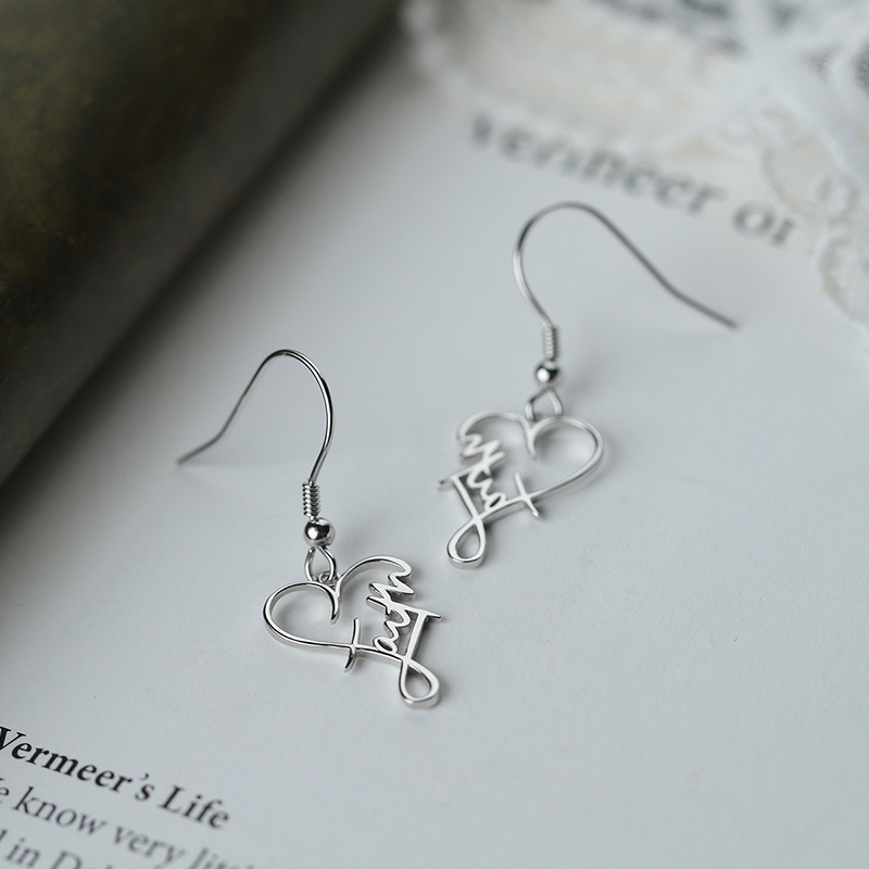 925 Sterling Silver Material 1 Pair 925 Sterling Silver Letter Heart Shape Drop Earrings