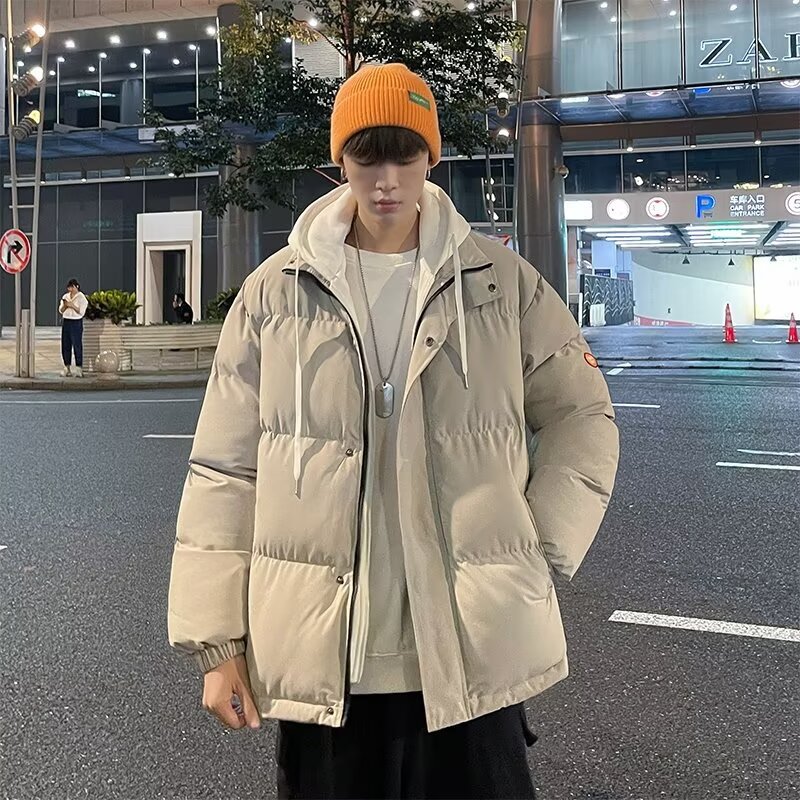 후드 코트 남자의 가짜 2 피스면 패딩 재킷 미국식 따뜻한 면화 패딩 재킷 플루 톤 잘 생긴 패딩 패딩 재킷 방풍 빵 세트