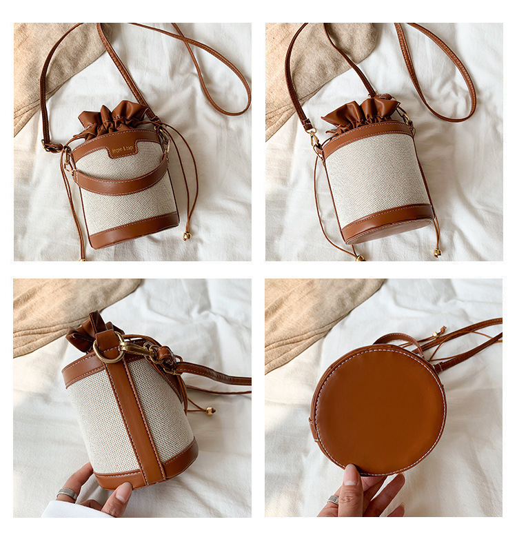 576g Weight Women's Medium Pu Leather Color Block Streetwear Sewing Thread Bucket String Bucket Bag
