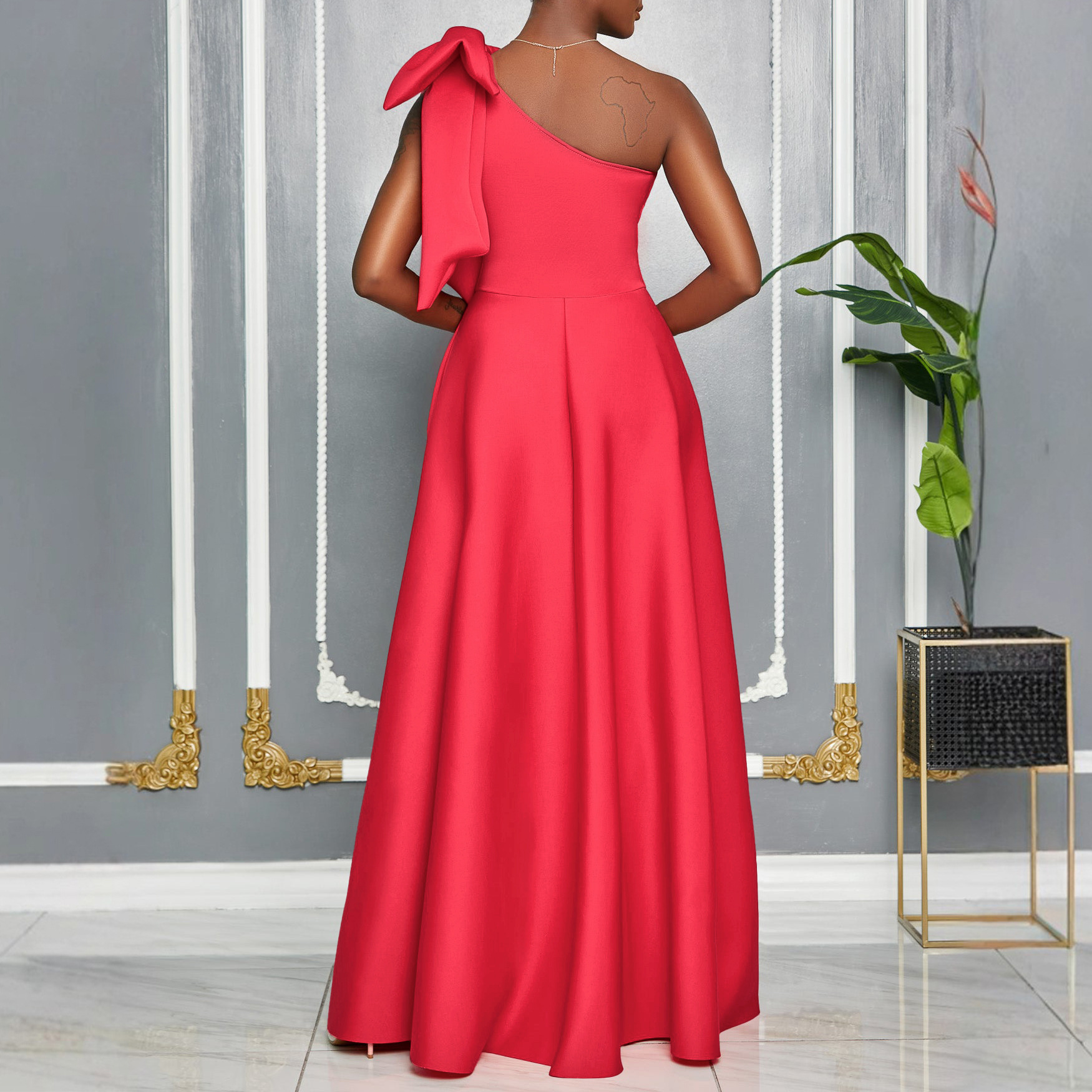 Women's One Shoulder Red Evening Dress With Bow, Elegant A-Line Maxi Gown For Wedding Guest, Prom & Formal Party_ecoleips.com