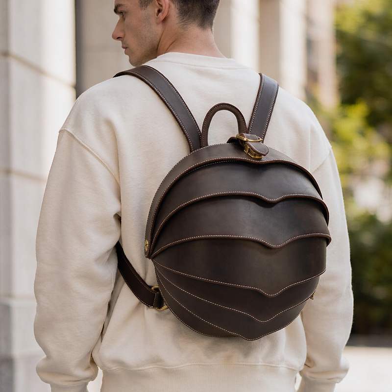 Men's genuine leather personalized backpack, creative crazy horse leather design, Beetle-style trendy backpack, top-grain cowhide men's bag