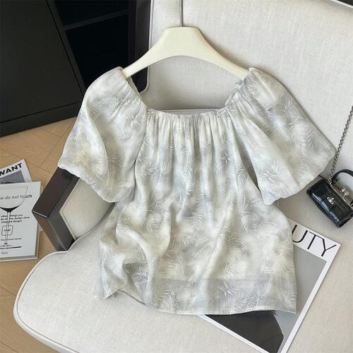 French one-shoulder chiffon blouse women's summer wear stylish bubble sleeve small top beautiful unique floral print top