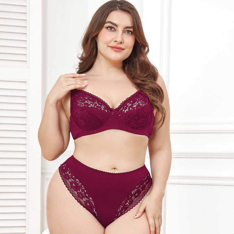 Cross-Border European and American Women's Large Size Bra Set Ultra-Thin Cup Sexy Lace Underwear Thin Low-Waisted Thong Wholesale