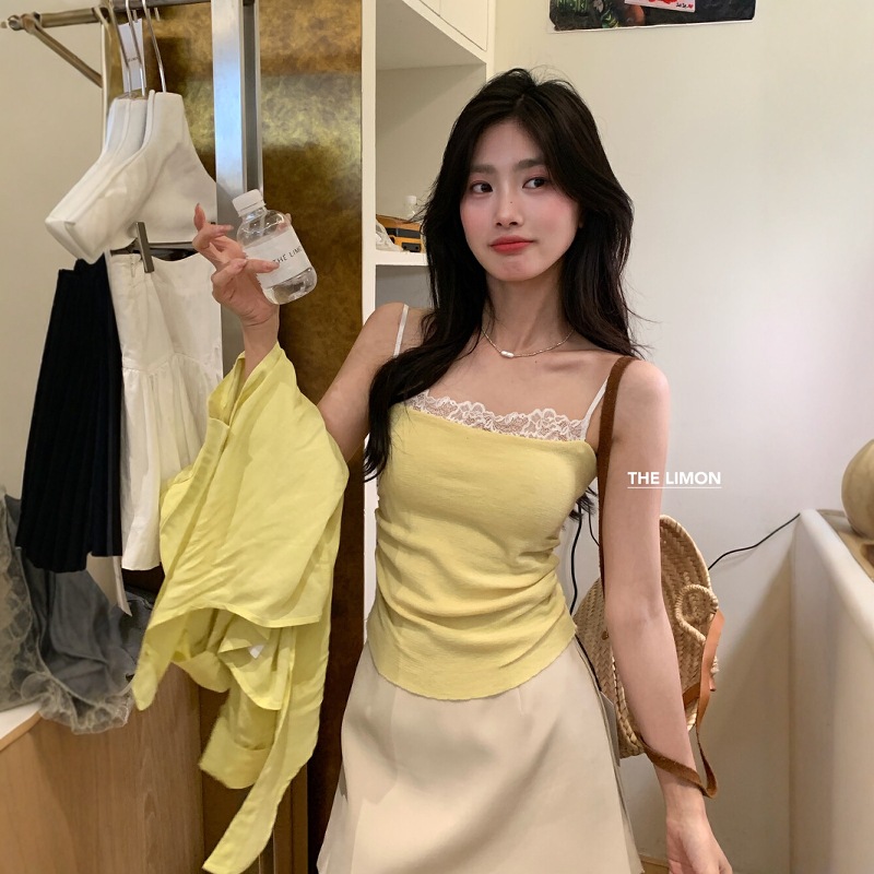 THE LIMON Lemon Green Tea Summer Pure Desire Wind Costuras Encaje Encaje Cintura Delgado Interior Camisola Mujer