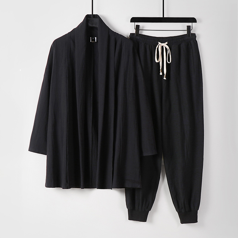 Chinese Style Men's Linen suit Men's Chinese Tang Suit Hanfu Two-Piece Vintage Buckle Cotton Linen Tea Zen Suit for Men