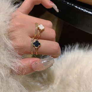 Black Double-Layered Four-Leaf Clover Open Ring for Women, Accessible Luxury and Super Flash 2025 New Elegant and Versatile Index Finger Ring
