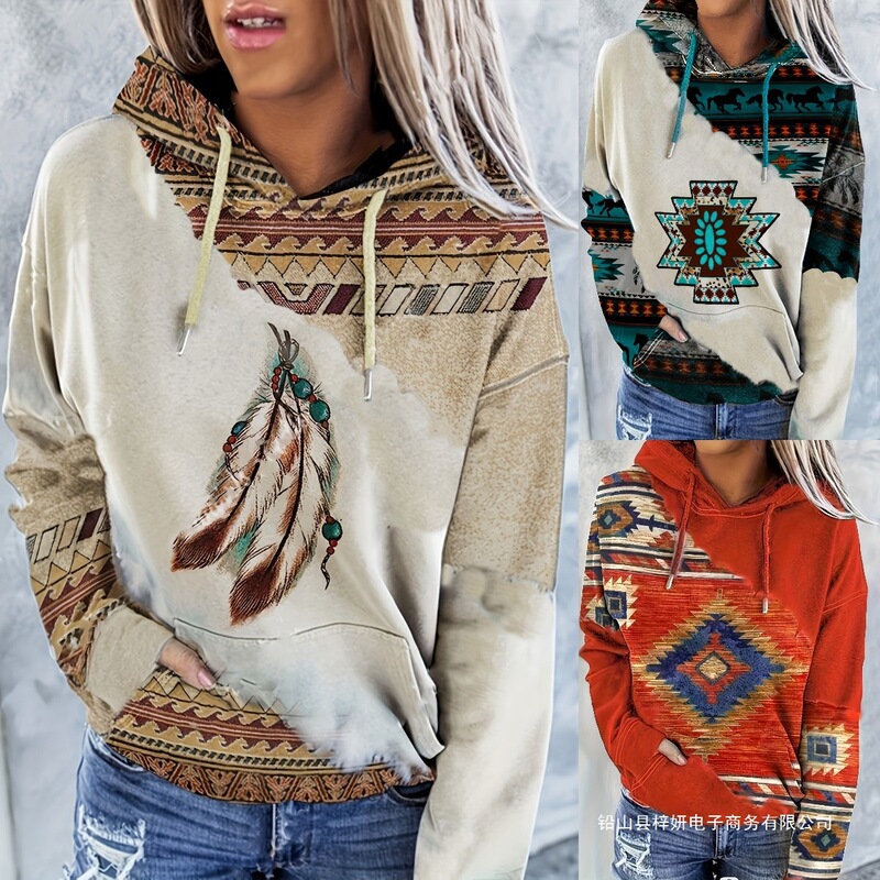 Cross-border Women's Casual Fashion Pullover Hoodie Western Ethnic Vintage Printed Women's Top Hoodie Custom
