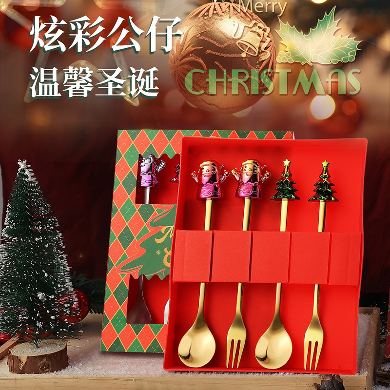 Colorful Christmas Fork Spoon suit Metal Colorful Dessert Spoon Fruit Fork Tableware Gift Box Christmas Elk Coffee Spoon