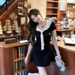 法式温柔甜美学院风海军领连衣裙女夏季新款收腰显瘦气质蓬蓬短裙