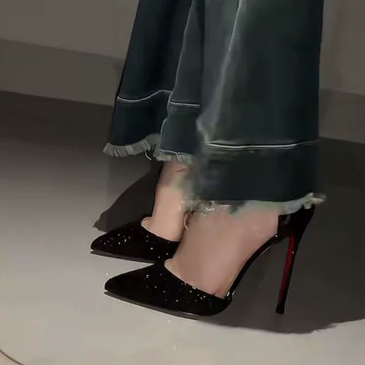 Женские туфли на высоком каблуке с красной подошвой, новинка осени-зимы 2024, черные туфли-стилето для платья с элегантной однорядной пряжкой и вырезами с пайетками.