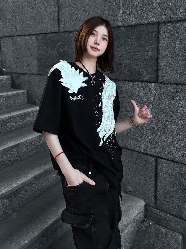 黎組主アメリカ復古高街立体レリーフ刺繍羽羽純綿丸襟潮牌半袖tシャツ女|undefined