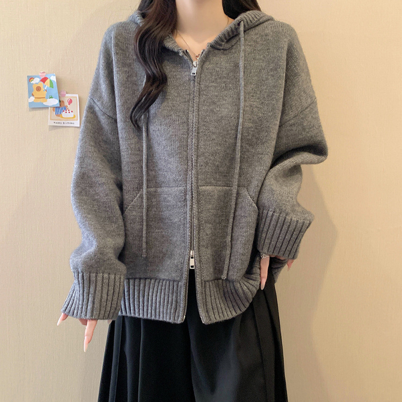 2025秋冬新款宽松显瘦纯色休闲风针织开衫抽绳连帽百搭毛衣女外套|undefined