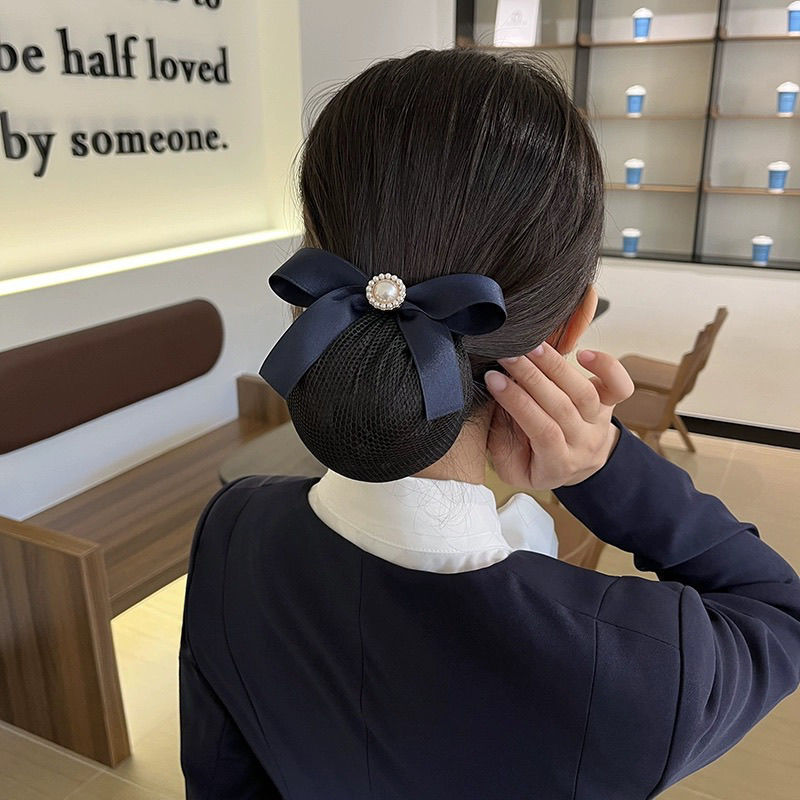 Pearl Head Flower Women's New 2024 Bow Simple Net Pocket Hair Accessories Professional Waiter Work Hair Headwear