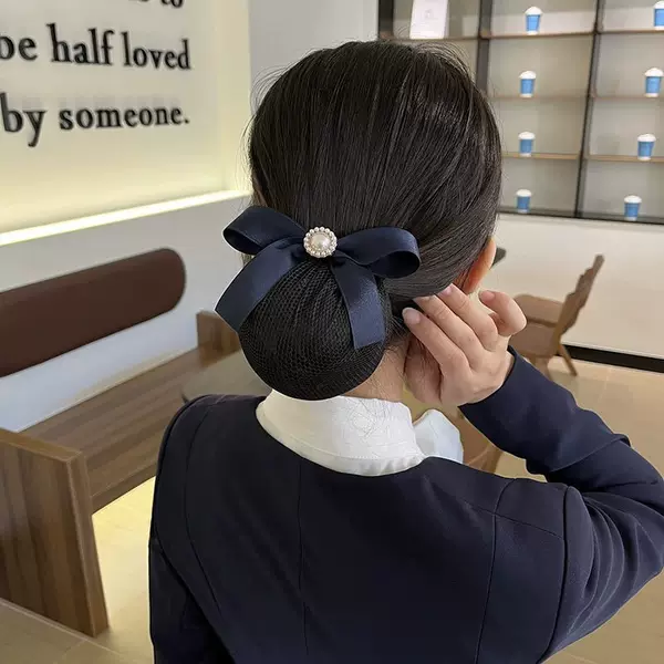 Pearl Head Flower Women's New 2024 Bow Simple Net Pocket Hair Accessories Professional Waiter Work Hair Headwear
