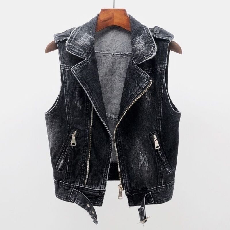 Denim Vest Women's New Spring & Fall New Short Versatile Ripped Motorcycle Jacket Waistoutwear Sleeveless Suit Collar Jacket