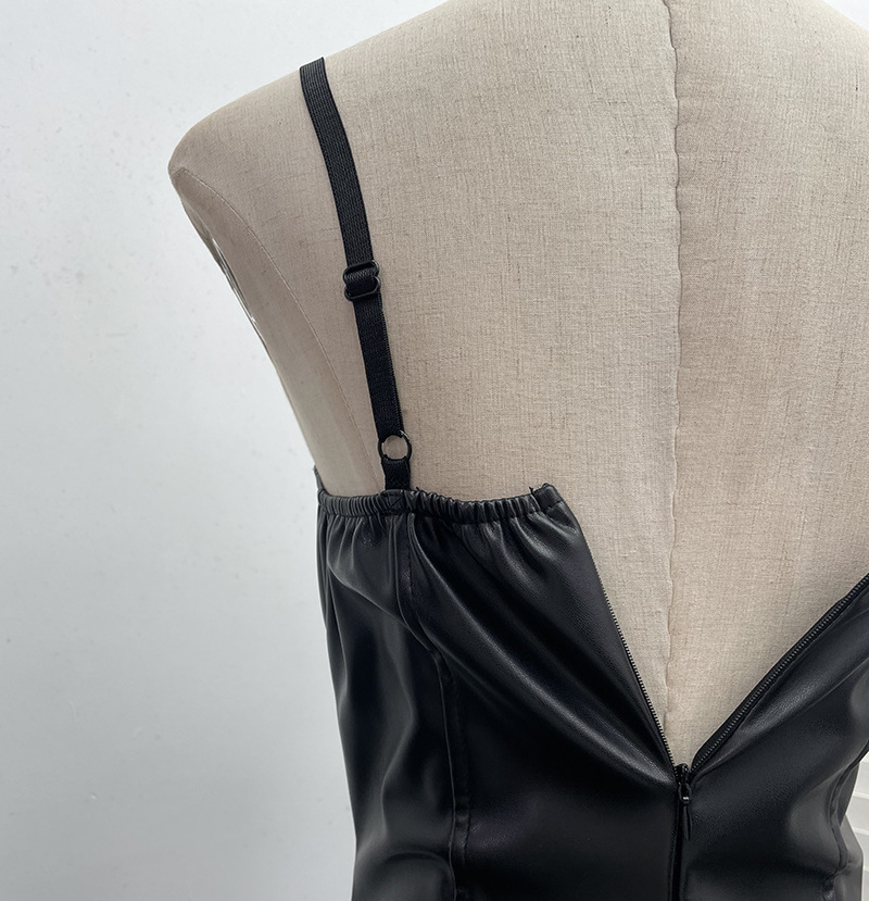 Real Shot Sexy Sling Sheath A line Faux Leather Waist Slimming Short Chest Pad Dress
