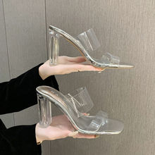 凉鞋女2024夏季新款银色水晶跟透明一字带百搭外穿拖鞋性感高跟鞋