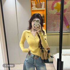 辣妹气质刺绣单排扣翻领针织衫长袖修身时尚显瘦刺绣休闲百搭上衣