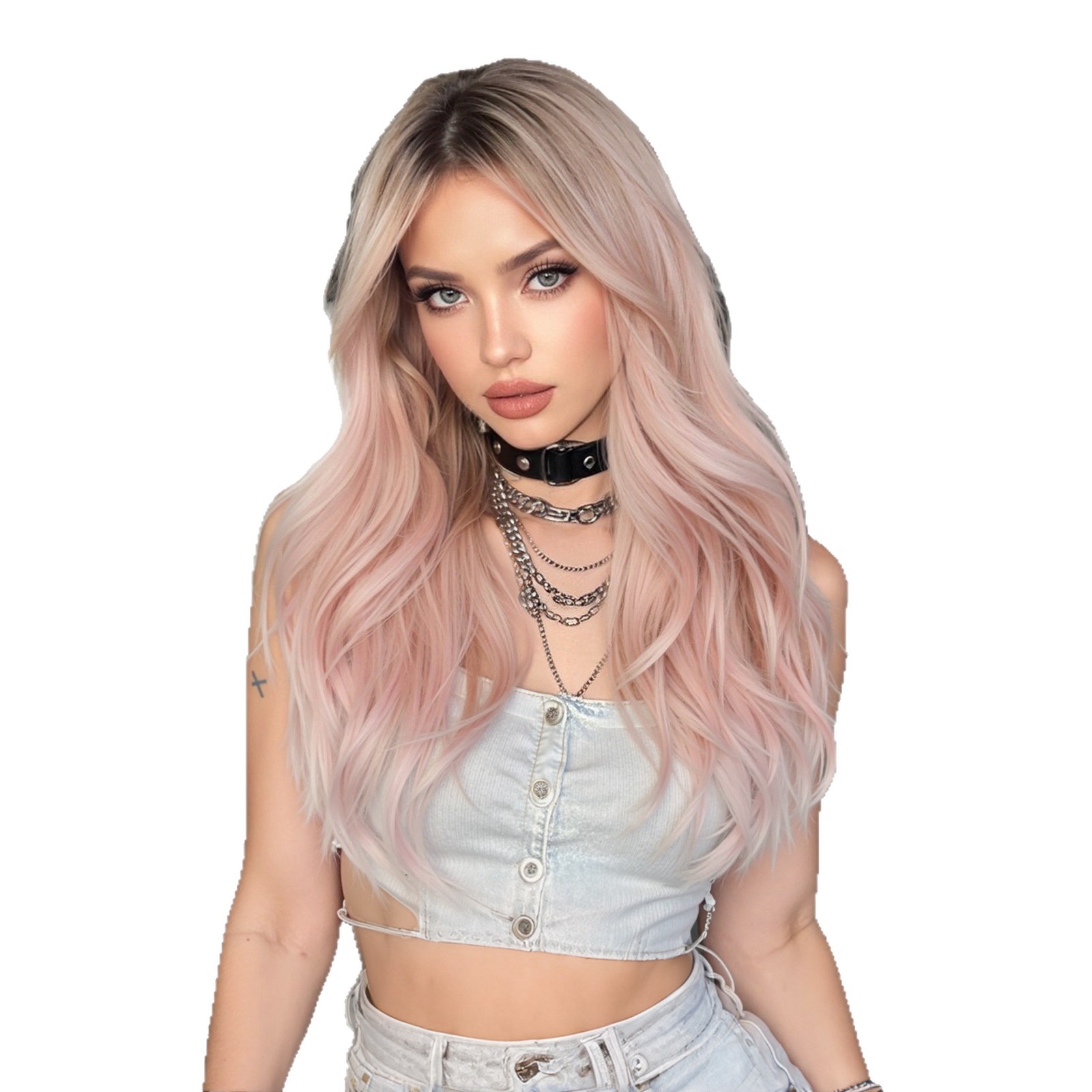 Europa y los Estados Unidos gradiente rosa pelucca de la mujer ondas de moda natural de Halloween en línea viento nuevo rizado largo cubierta de cabeza completa