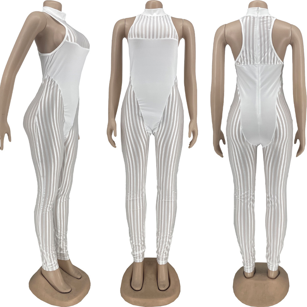 Women Clothing Sexy Mesh Stripes Stitching Women Jumpsuit