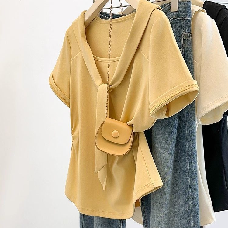 Plus Size Shawl Navy Collar Right Shoulder Short-Sleeved T-Shirt for Women Summer New Fat mm Loose Slimming Look Cover-Up Outer Top Plus Size Shawl Navy Collar Right Shoulder Short-Sleeved T-Shirt for Women Summer New Fat mm Loose Slimming Look Cover-Up Outer Top