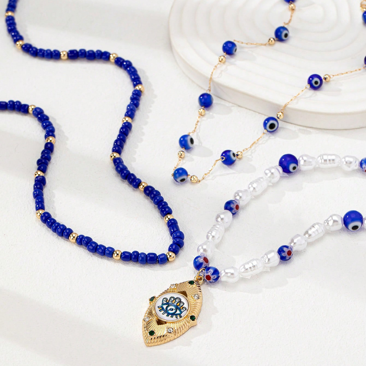 Beaded Chain Chain Type 1 Set Quantity Daily, Street Occasion IG Style Retro Geometric Devil's Eye Glass Zinc Alloy Beaded Chain Lobster Trigger Clasp Closure Beaded Necklaces Wholesale