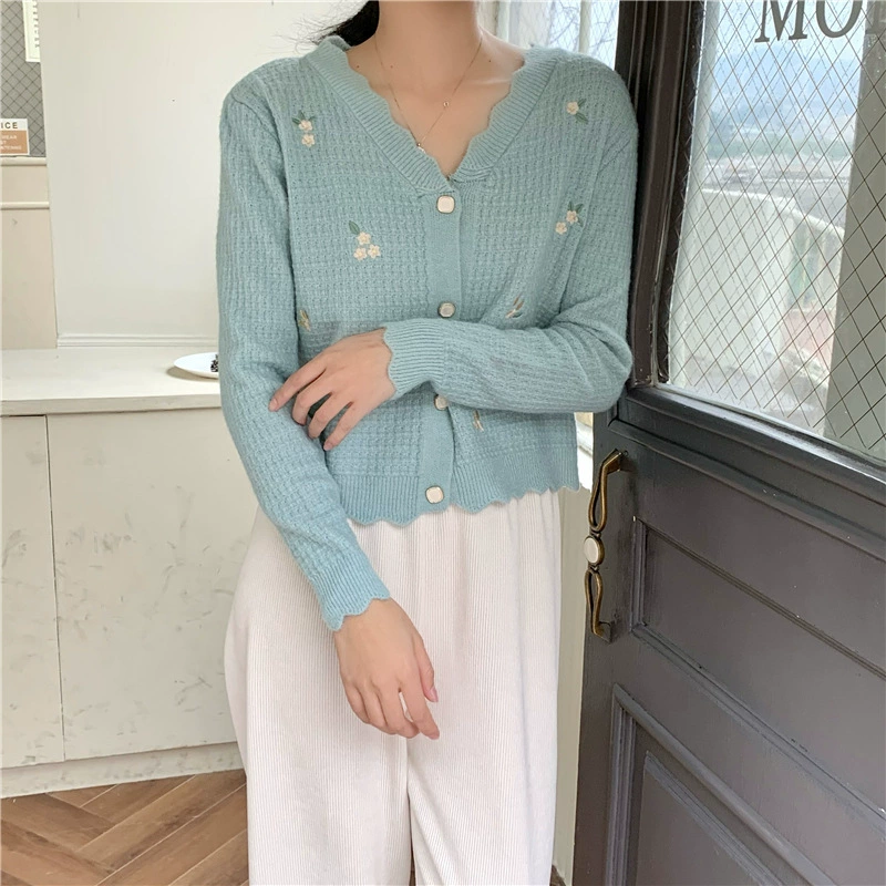 2024 Новый цвет конфеты цветочная вышивка кардиган маленький свободный V-образный вырез короткий свитер свитер куртка