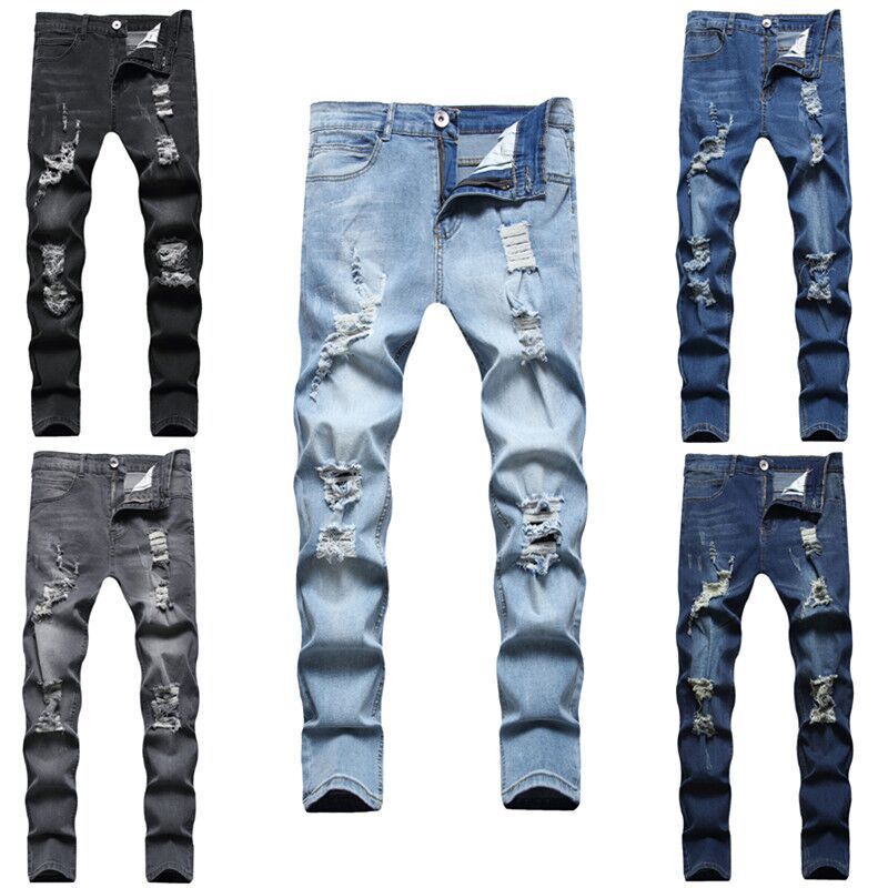 2021 foreign trade Europe and the United States new men's hole polished white slim fit denim pants fashion old casual leggings men